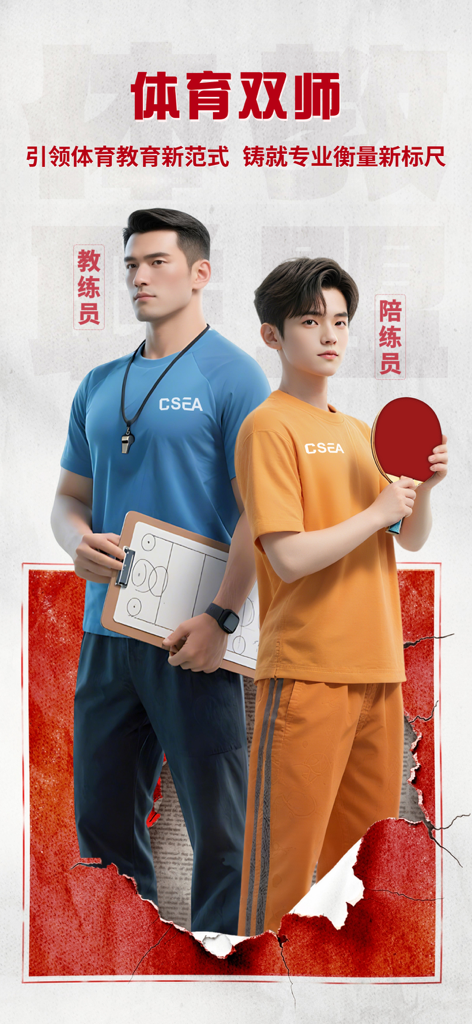 CSEA app banner featuring a sports coach with a clipboard and a table tennis athlete.