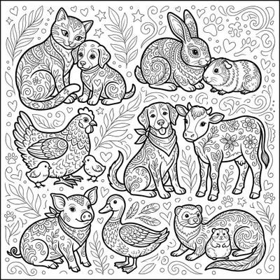 Explore a delightful collection of domestic animal sculptures, each brimming with intricate patterns waiting for your creative touch. This charming coloring page brings together beloved pets and farm animals in a unique, artful style.