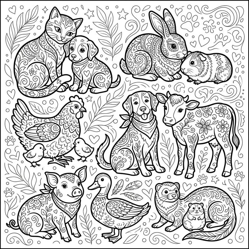 Explore a delightful collection of domestic animal sculptures, each brimming with intricate patterns waiting for your creative touch. This charming coloring page brings together beloved pets and farm animals in a unique, artful style.