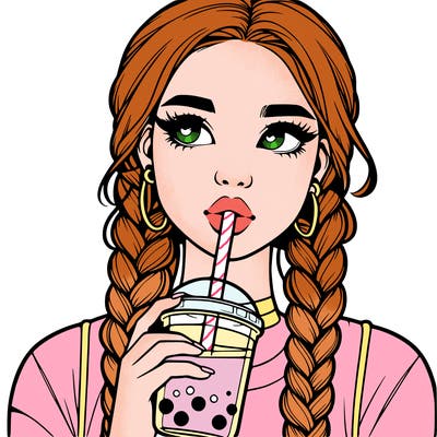 realistic girl with braided hair drinking boba