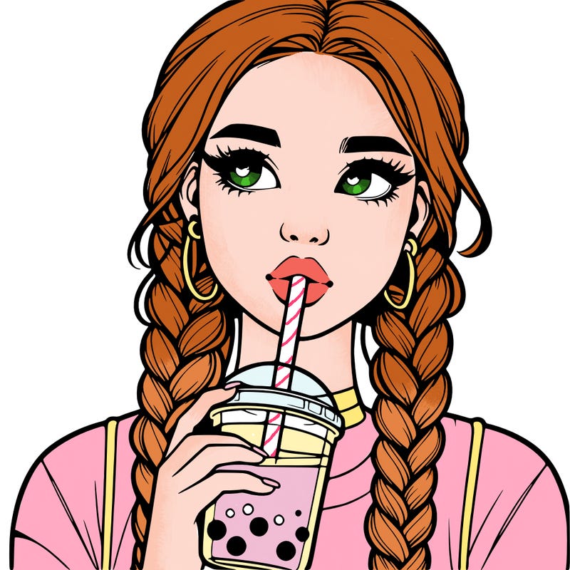 realistic girl with braided hair drinking boba