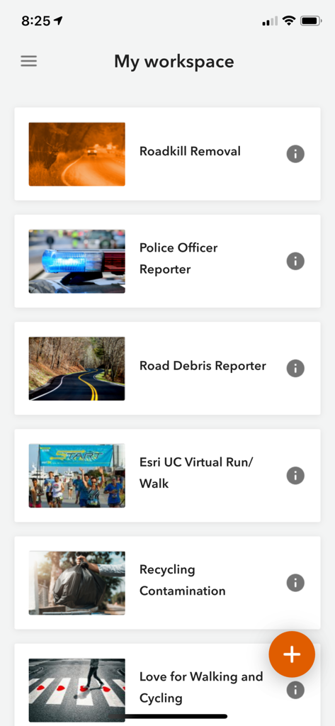 ArcGIS QuickCapture app interface showing a list of field data collection projects in the My Workspace screen
