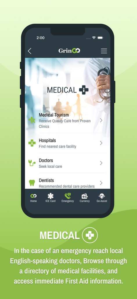 GrinGO App - Interfaz de la aplicación GrinGO que muestra servicios médicos, incluyendo hospitales, médicos y dentistas para viajeros en México.