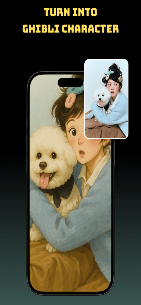 Una pantalla de smartphone que muestra una foto de una mujer y su perro transformada en una ilustración de anime estilo Ghibli usando IA