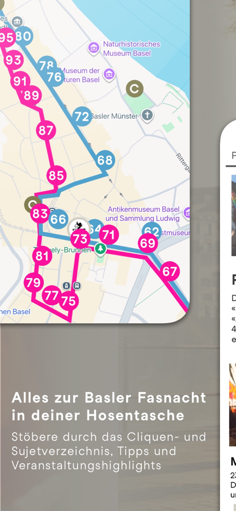 Interactive map showing parade routes and cultural landmarks for the Basel Carnival within the app.