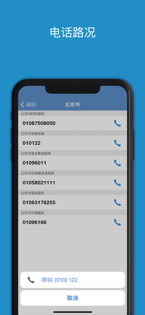 Mobile app screen showing a list of traffic service and emergency contact numbers for Beijing including ETC and highway assistance