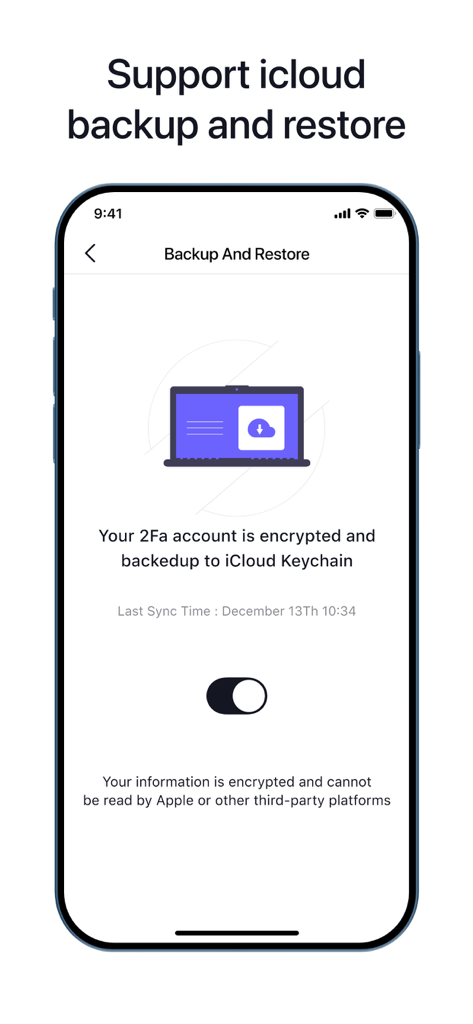 Capture d'écran de l'Application Authenticator montrant la page des paramètres de sauvegarde et de restauration iCloud sur un iPhone.