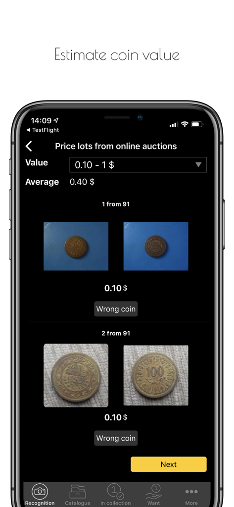 Maktun: Coin, Note Collection - Interface de l'application Maktun affichant l'estimation de la valeur marchande des pièces et les prix des enchères en ligne