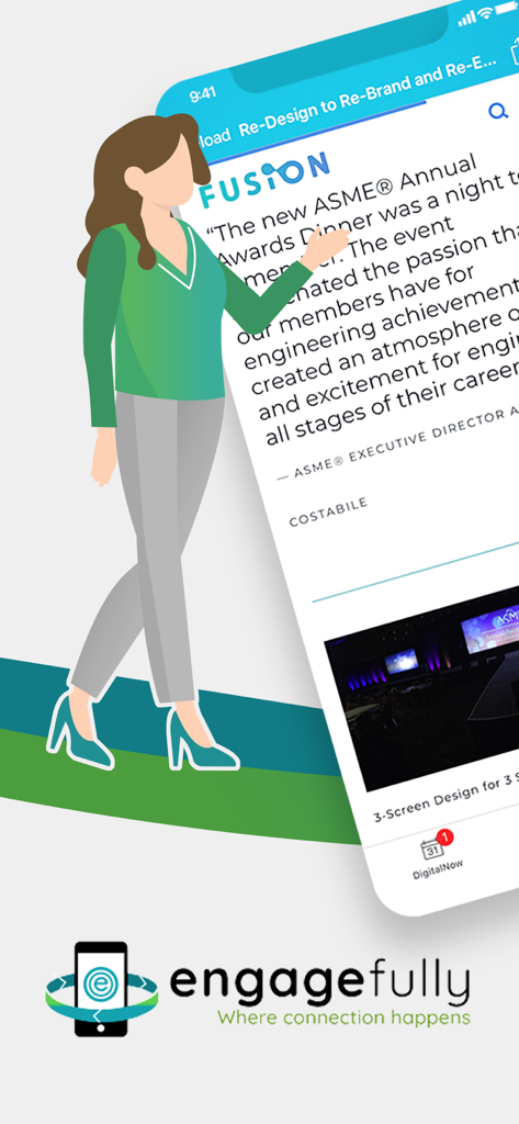 Engagefully - A professional woman interacting with the Engagefully mobile app interface showing event details and networking features