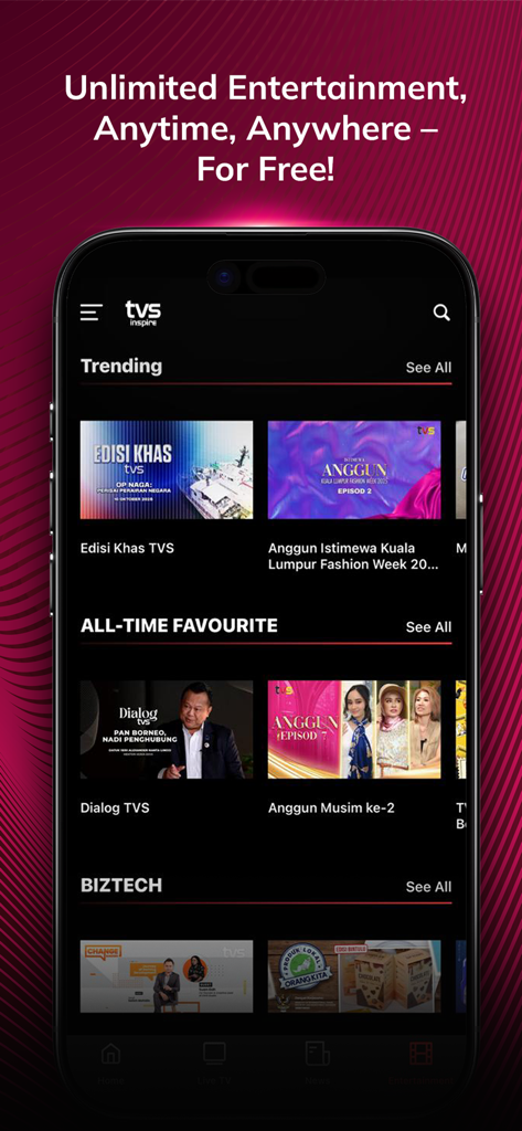 TVS Inspire mobile app interface showing trending entertainment and news content.