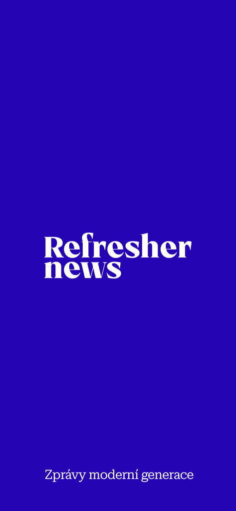Refresher News Česko 앱 스플래시 화면, 로고와 태그라인이 단색 파란색 배경에 표시됨