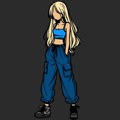 girl in baggy pants crop top and long hair