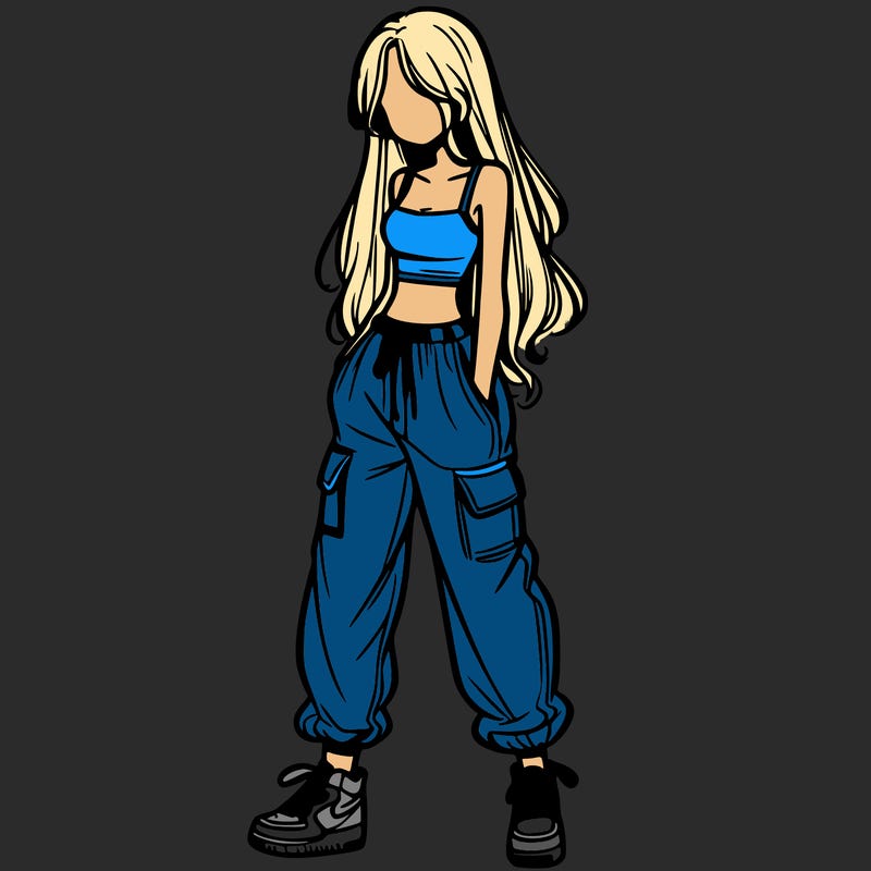 girl in baggy pants crop top and long hair