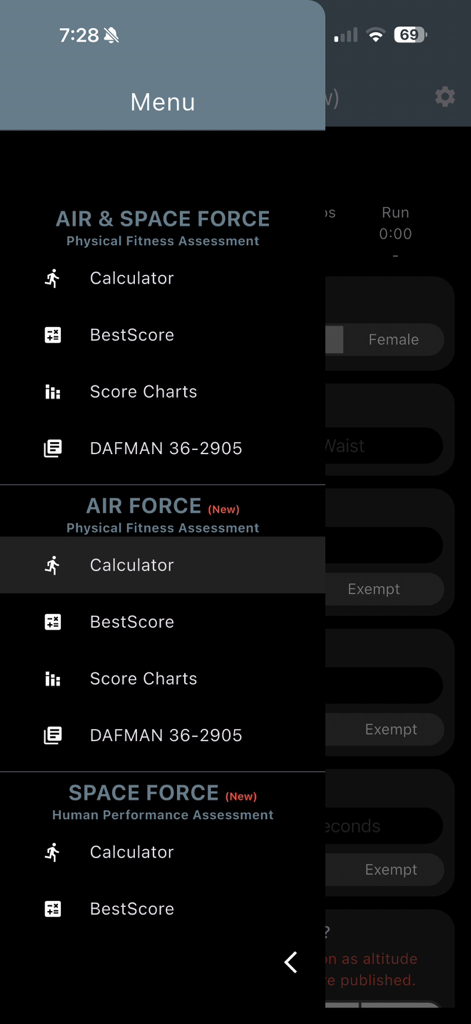 USAF PFA & USSF HPA Calculator - Side menu of the USAF PFA and USSF HPA Calculator app showing navigation options for Air Force and Space Force fitness assessments.