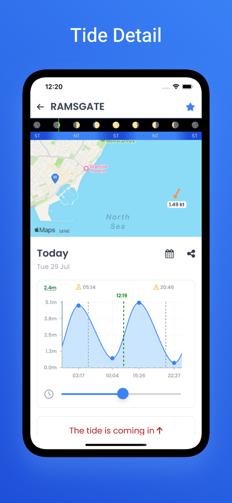 Just Tides: Tide Times - Tide detail screen in Just Tides app for Ramsgate showing tide chart and map