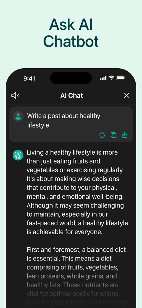AI Chatbot with Сhat - Chatrun - Chatrun AI chatbot interface generating a post about a healthy lifestyle.