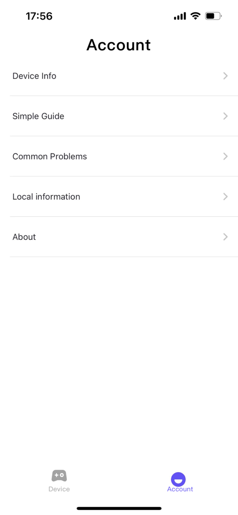 MooWii Gaming - MooWii Gaming app account screen showing menu options for device info and support guides