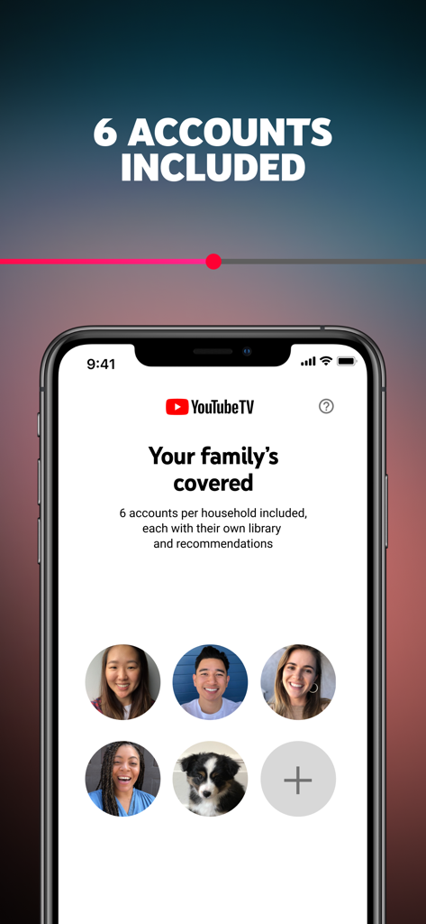 YouTube TV - 가구당 6개의 가족 계정을 보여주는 YouTube TV 앱 화면.