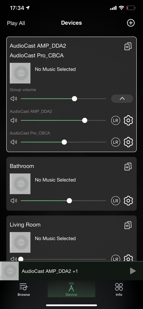 AudioCast - AudioCast app screen showing multi room audio device management and volume controls