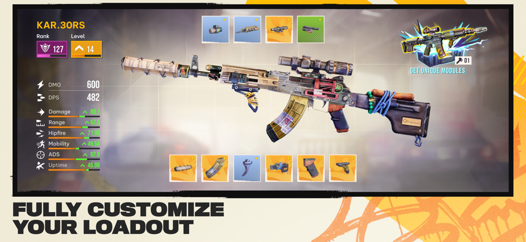 Urban Heat: FPS - Urban Heat FPS weapon customization screen showing rifle attachments and stats