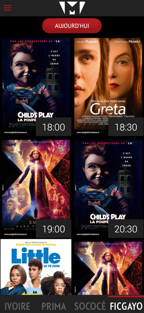 Majestic Cinema CI - Ficgayo 지점의 오늘 영화 포스터와 상영 시간을 보여주는 Majestic Cinema CI 앱 인터페이스