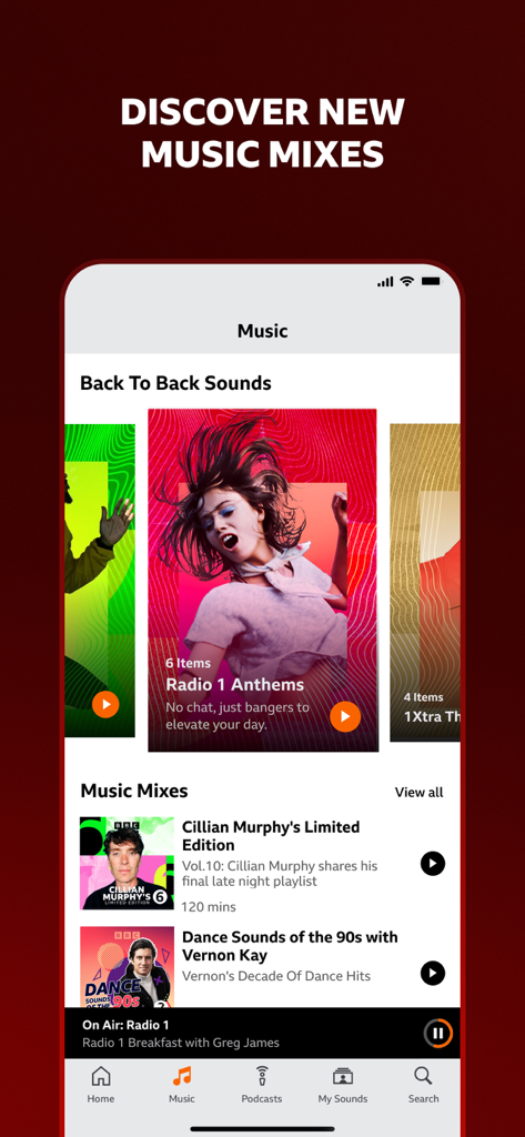 A screenshot of the BBC Sounds app music tab displaying curated music mixes like Radio 1 Anthems and celebrity playlists.