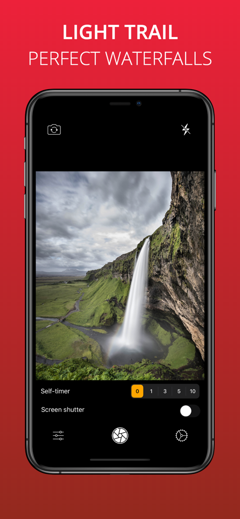 Long Exposure Slow Shutter Cam - Slow shutter camera app interface showing a long exposure photo of a silky waterfall.