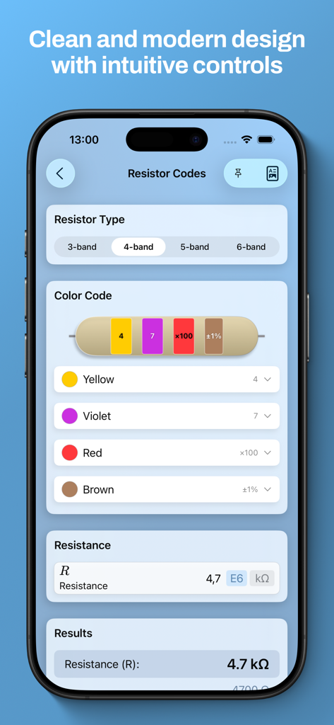 Electronic-Toolbox 2 - Resistor color code calculator screen in Electronic-Toolbox 2 app