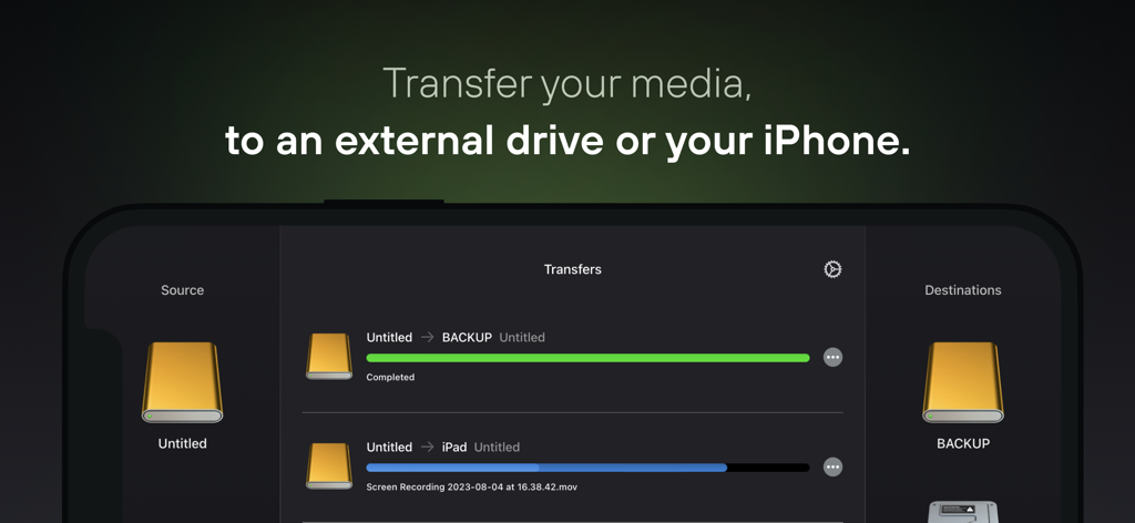 OffShoot Solo - Capture d'écran de l'application OffShoot Solo montrant la progression du transfert de fichiers entre un disque externe et un iPhone