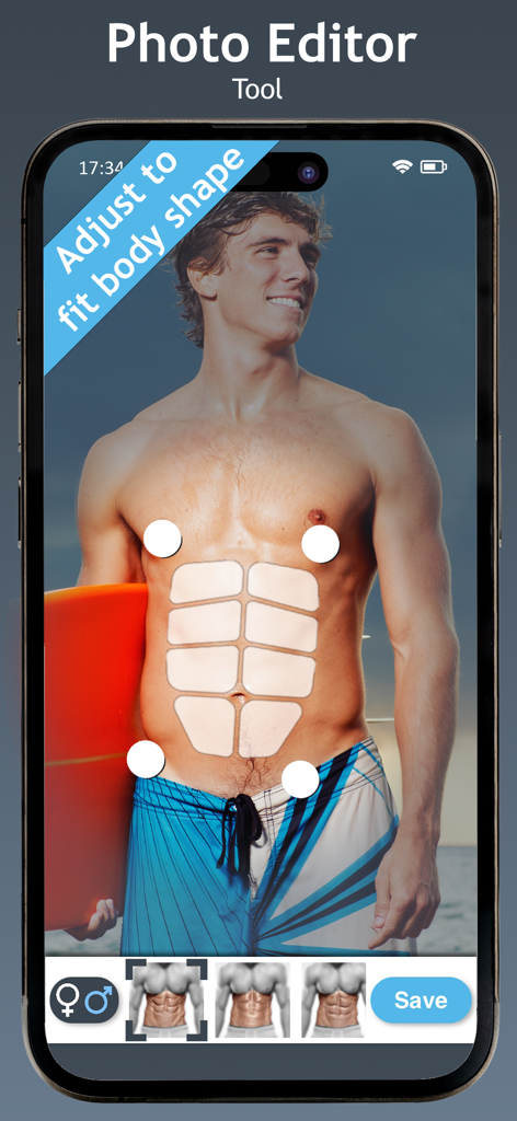 Abs Editor Six Pack Photo Body - Interface of the Abs Editor app showing a six-pack abdominal overlay being adjusted onto a man's photo