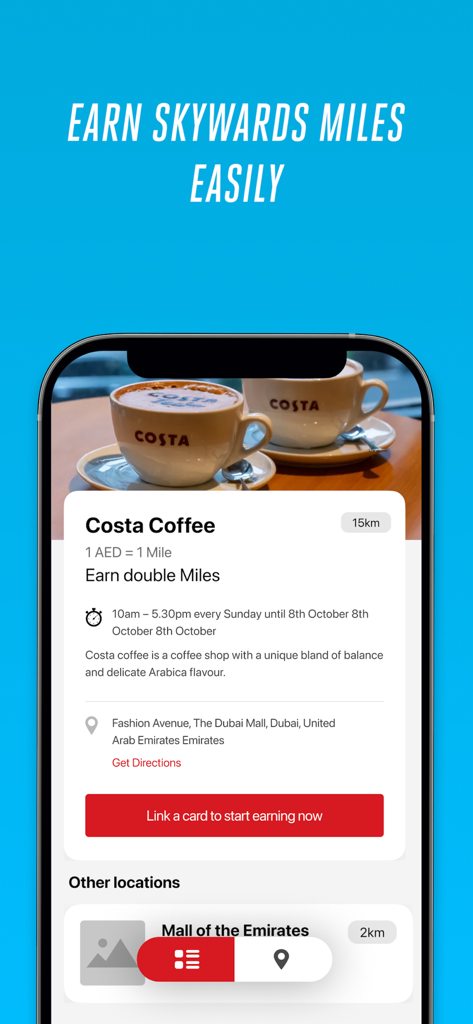 Skywards Everyday app interface showing a Costa Coffee miles earning offer