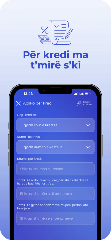 A mobile screen from the IBAS app showing a loan application form in Albanian with fields for loan type, installments, and income