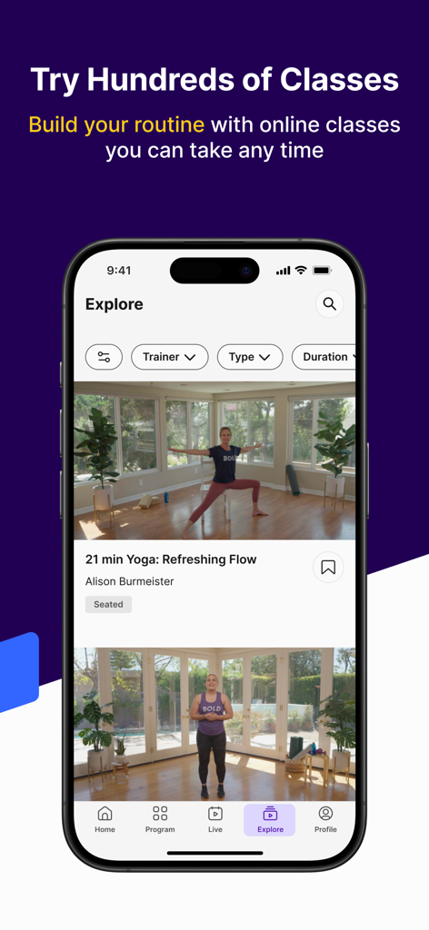 Bold: Science-backed exercises - Bold app interface showing a library of online exercise classes for seniors with filters for trainer and workout type
