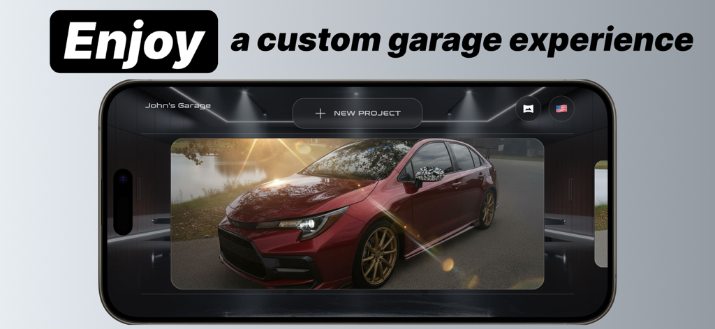 Tunex: AI Car Design & Tuning - Tunex mobile app interface showing a virtual garage with an AI modified red car