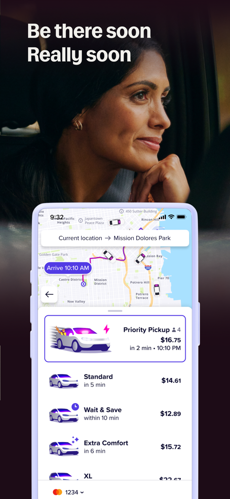 Capture d'écran de l'application Lyft affichant différents types de courses comme Priority Pickup et Wait and Save, avec leurs prix et leurs estimations d'arrivée.