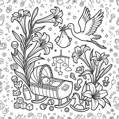 Welcome new beginnings with this enchanting coloring page featuring elegant trumpet lilies amidst a heartwarming baby shower scene. Discover storks, cradles, and adorable nursery items, ready for your creative touch.