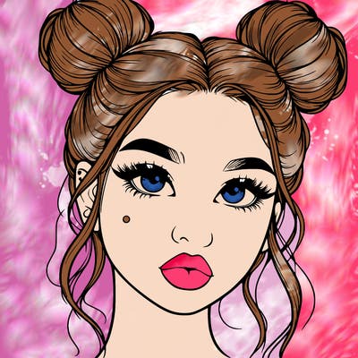 realistic girl with two buns on her hair and lips