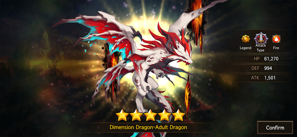 Profil de Dragon Dimension Adulte avec statistiques et attributs dans Dragon Village M