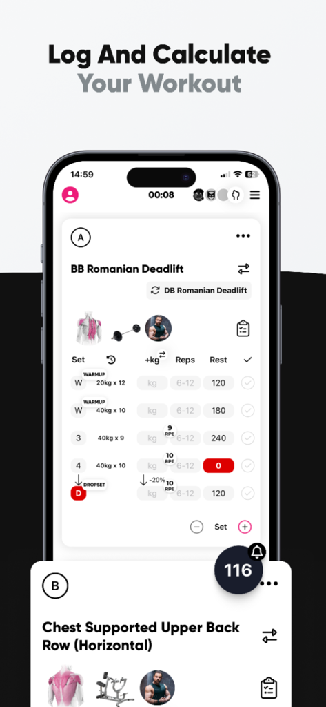 NOEX Training Platform - Tela de registro de treino do aplicativo NOEX mostrando rastreador de Levantamento Terra Romeno com RPE e cronômetro de descanso