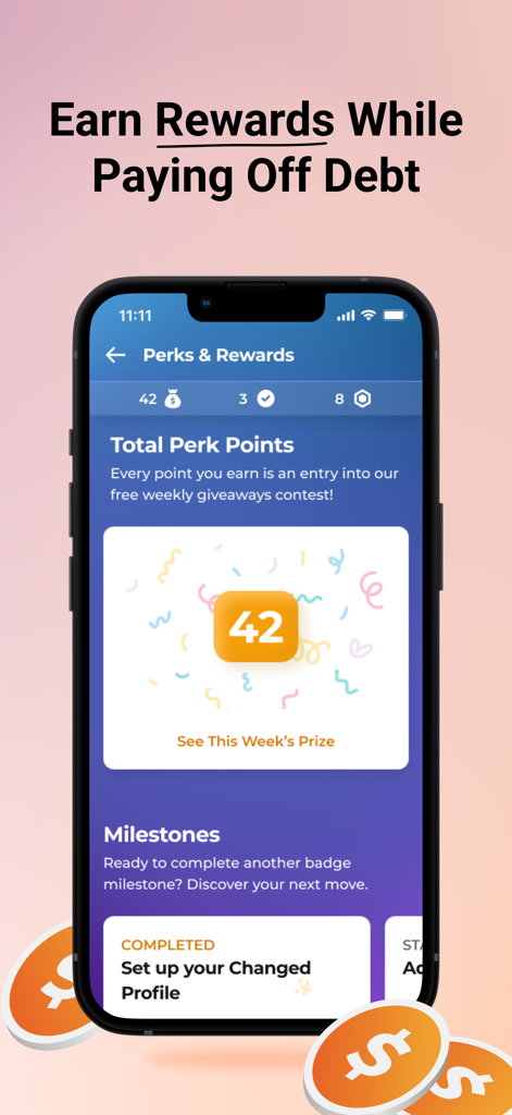 Changed app Perks and Rewards screen showing points and milestones for debt payoff