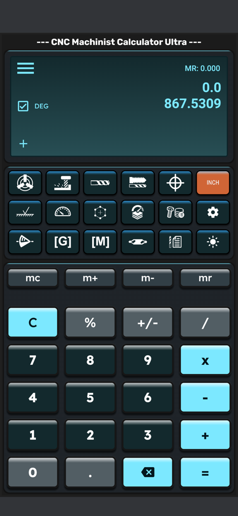 Main interface of the CNC Machinist Calculator Ultra app showing specialized machining icons and a calculator keypad