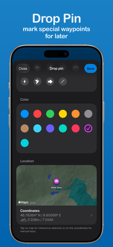 Altimeter - altitude and more - Interface for dropping a pin and marking waypoints with custom icons and colors in the Altimeter app.