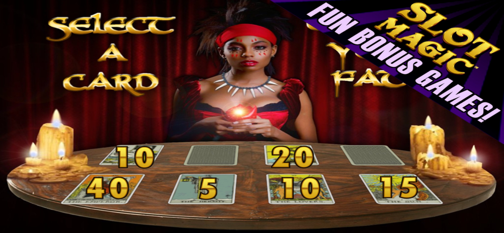 Pantalla del juego de bonificación de la aplicación Slot Magic con un minijuego de selección de cartas de temática mística.