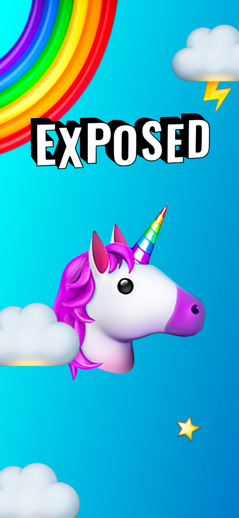 Exposed Who is Most Likely To party game home screen featuring a unicorn and rainbow theme
