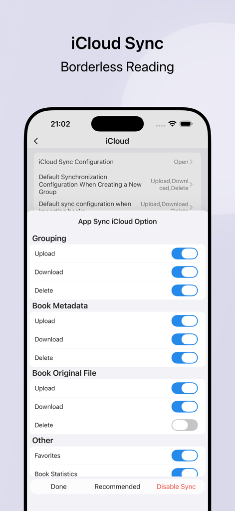 iReadNote - Interfaz de la aplicación iReadNote mostrando opciones de sincronización de iCloud para datos de libros y archivos originales para permitir la lectura sin fronteras entre dispositivos.