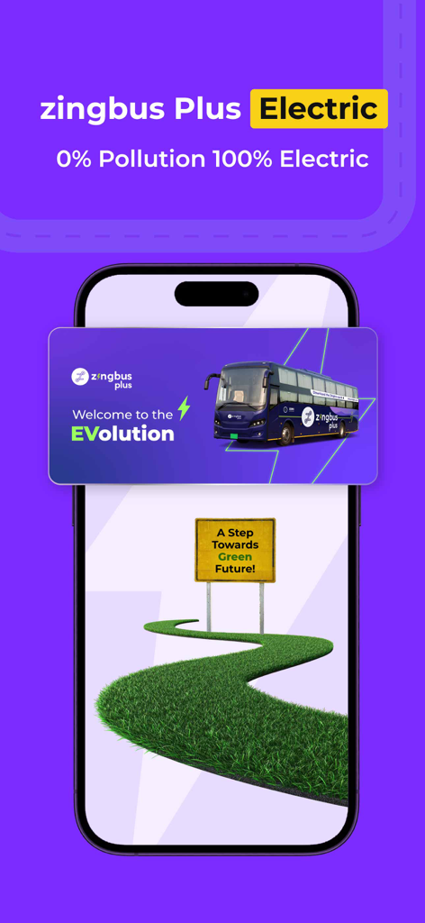 zingbus:Book Bus Ticket Online - Schermata dell'app Zingbus Electric Bus che promuove viaggi in autobus 100% elettrici e un futuro verde