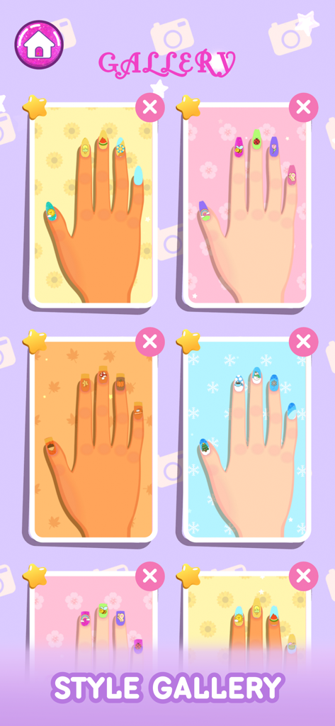 Nail Games: Salon for Girls - A digital gallery showcasing a collection of custom nail art designs on different skin tones within the app