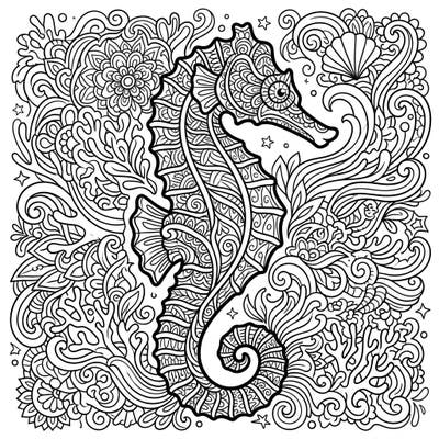 Explore the intricate beauty of the ocean with this stunning Lined Seahorse coloring page, transformed by mesmerizing Zentangle patterns. Perfect for a calming and creative escape, this design invites you to fill every detail with your unique color palette.
