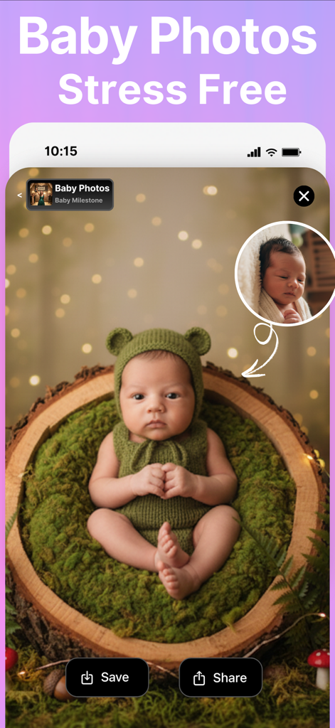 Una sesión de fotos profesional de bebé generada por IA con un recién nacido en un conjunto tejido temático de oso.