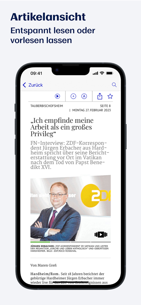 FN E-Paper App Artikelansicht auf einem iPhone mit Nachrichteninterview mit Vorlese- und Textgrößenoptionen